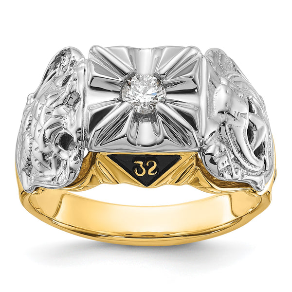 14k Two-tone Men's Polished and Textured with Black Enamel and VS Quality Diamond Masonic Ring, Size 10 - Birthstone Company