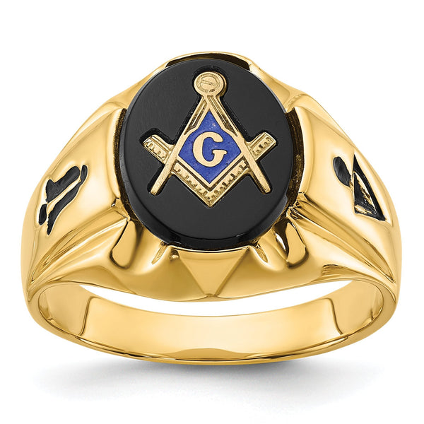 Men's Oval Onyx Masonic Grooved Ring in 14K Yellow Gold, Size 10