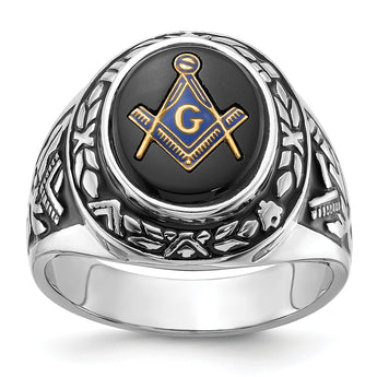 Men's Oval Onyx Masonic Ring in 14K White Gold, Size 10