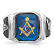 14k White Gold Polished and Textured with Black Enamel and Imitation Blue Spinel Masonic Ring, Size 10 - Birthstone Company