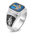 14k White Gold Polished and Textured with Black Enamel and Imitation Blue Spinel Masonic Ring, Size 10 - Birthstone Company
