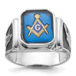14k White Gold Polished and Textured with Black Enamel and Imitation Blue Spinel Masonic Ring, Size 10 - Birthstone Company