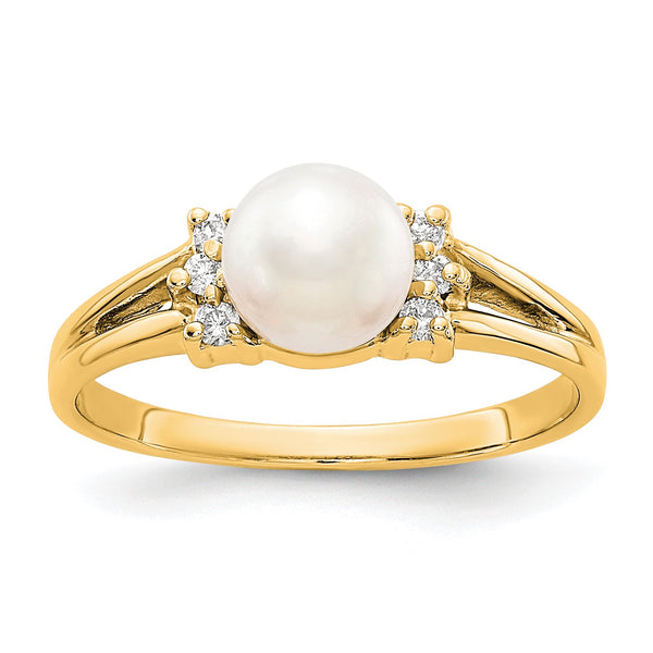 14k 6mm Fresh Water Cultured Pearl AA Diamond ring - Birthstone Company
