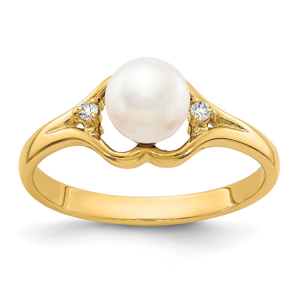14k 6mm Fresh Water Cultured Pearl AA Diamond ring - Birthstone Company