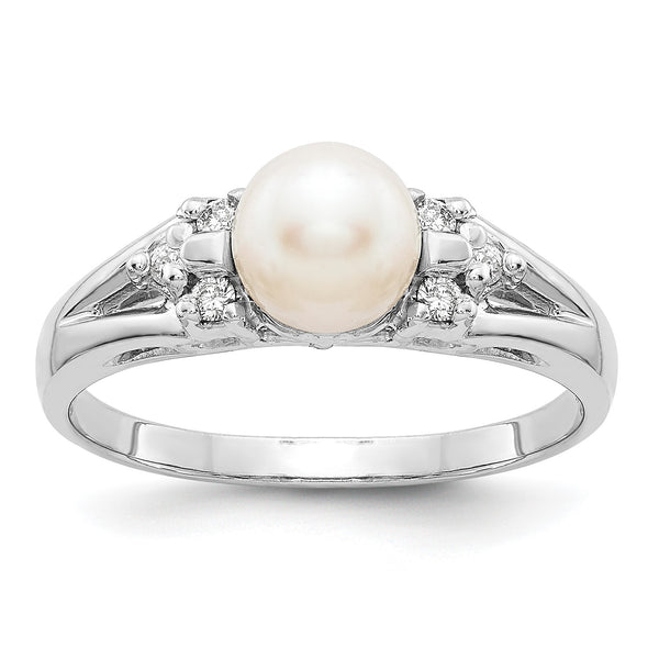 14k White Gold 6mm Fresh Water Cultured Pearl AA Diamond ring - Birthstone Company