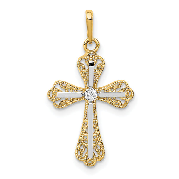 14K w/White Rhodium CZ Cross Pendant