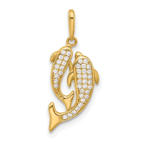 14k Polished CZ Two Dolphins Pendant