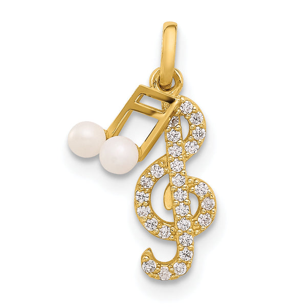 14K Polished CZ and Freshwater Cultured Pearl Music Notes Pendant