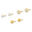 14K Polished Set of Ball Post Pearl and CZ Bezel 3 Pair Earrings Set - Birthstone Company