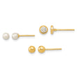 14K Polished Set of Ball Post Pearl and CZ Bezel 3 Pair Earrings Set - Birthstone Company