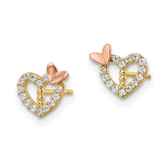 14k Two-tone CZ Heart w/Butterfly Post Earrings - Birthstone Company