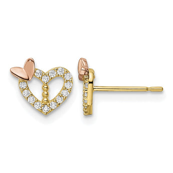 14k Two-tone CZ Heart w/Butterfly Post Earrings - Birthstone Company