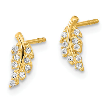14K Polished Leaf CZ Post Earrings
