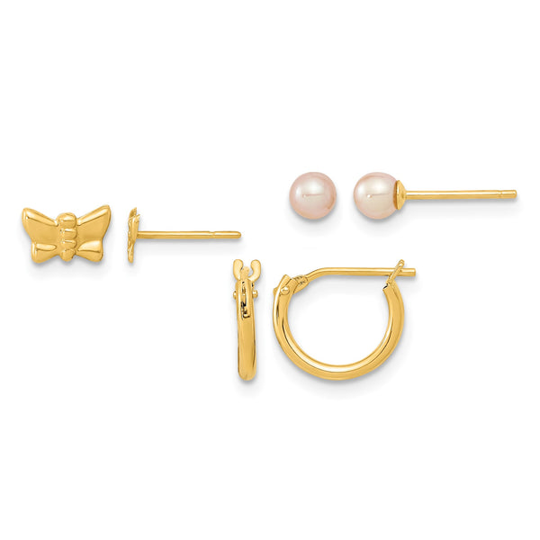 14K Butterfly FW Cultured Pearl and Hoop 3 Pair Earrings Set - Birthstone Company