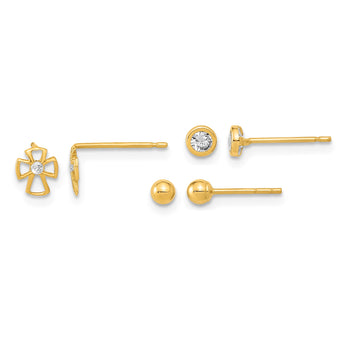 14K Polished Set of Ball Post Cross and CZ Bezel 3 Pair Earrings Set - Birthstone Company