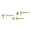 14K Polished Set of Ball Post CZ Flowers and Cross 3 Pair Earrings Set - Birthstone Company