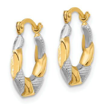 14K with White Rhodium Polished and Textured Hoop Earrings