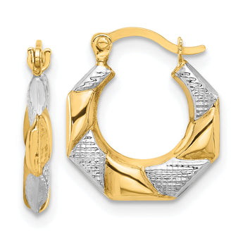 14K with White Rhodium Polished and Textured Hoop Earrings