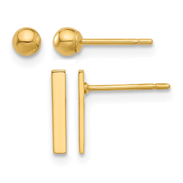 14K Polished 3mm Ball and Bar Earring Set - Birthstone Company