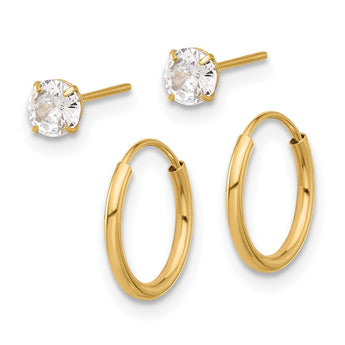 14K Polished CZ Studs and Small Endless Hoop Earring Set - Birthstone Company