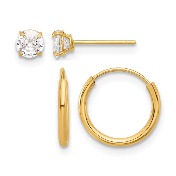 14K Polished CZ Studs and Small Endless Hoop Earring Set - Birthstone Company