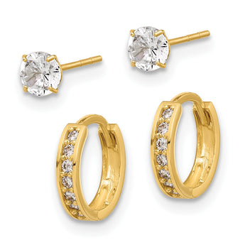 14K Polished CZ Post and Hinged Hoop Earring Set - Birthstone Company