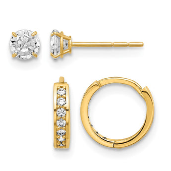 14K Polished CZ Post and Hinged Hoop Earring Set - Birthstone Company
