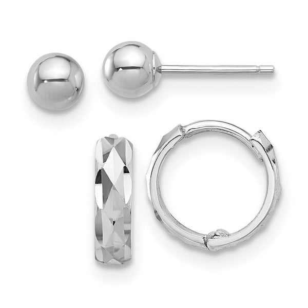 14K White Gold Polished 4mm Ball and D/C Hinged Hoop Earring Set - Birthstone Company