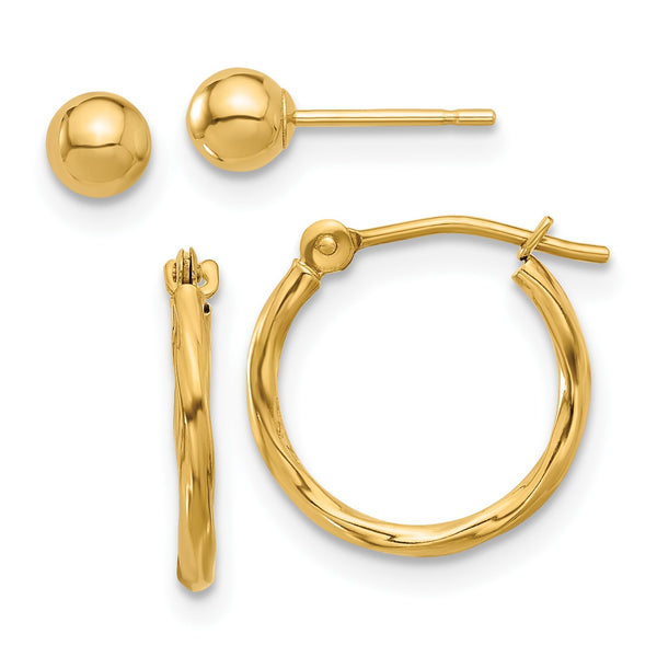14K Polished 4mm Ball and Twisted Hoop Earring Set - Birthstone Company