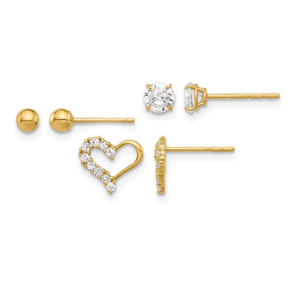 14K Polished CZ Ball and Heart Post Earring Set - Birthstone Company