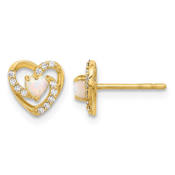 14K CZ and Created Opal Heart Post Earrings - Birthstone Company
