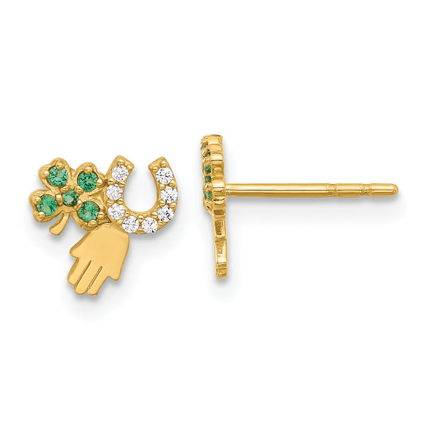 14K Green and Clear CZ Clover Horseshoe and Hamsa Post Earrings