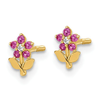 14K Polished Dark Pink & White CZ Flower Screwback Post Earrings - Birthstone Company