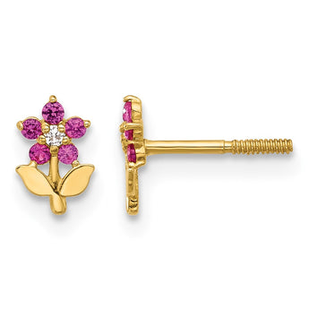 14K Polished Dark Pink & White CZ Flower Screwback Post Earrings - Birthstone Company