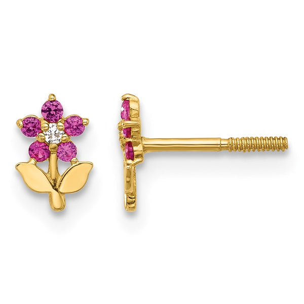 14K Polished Dark Pink & White CZ Flower Screwback Post Earrings - Birthstone Company