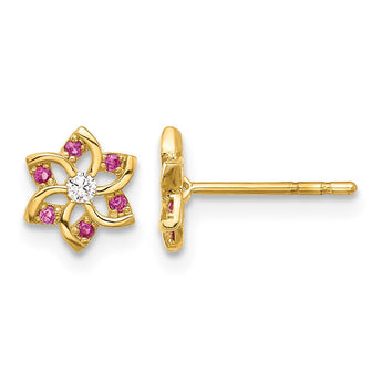 14K Polished Red and White CZ Flower Post Earrings - Birthstone Company