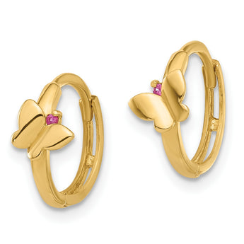 14K Polished Pink CZ Butterfly Hinged Hoop Earrings - Birthstone Company