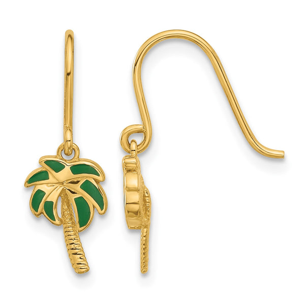 14k Polished Green Enameled Palm Tree Shepherd Hook Dangle Earrings - Birthstone Company