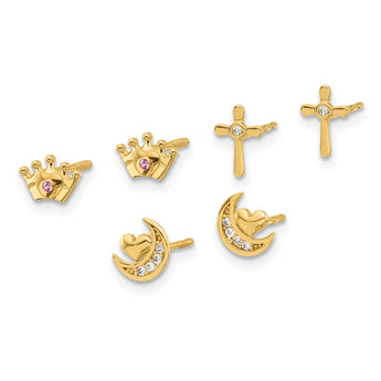 14K Polished CZ Moon Cross and Crown Post Earring Set - Birthstone Company