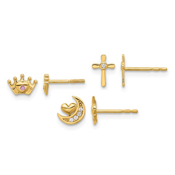 14K Polished CZ Moon Cross and Crown Post Earring Set - Birthstone Company