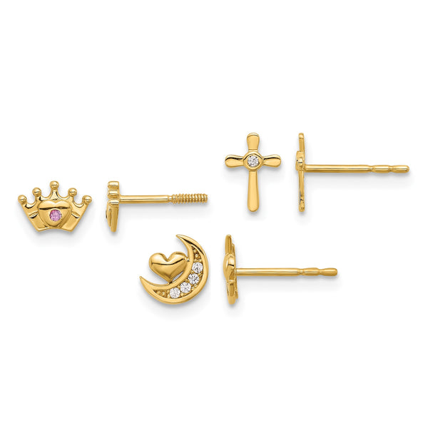 14K Polished CZ Moon Cross and Crown Post Earring Set - Birthstone Company