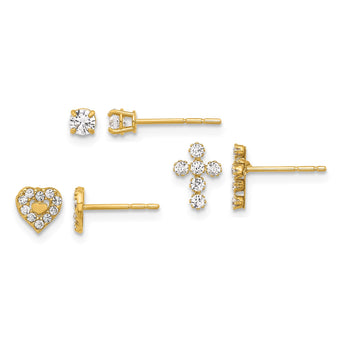14K Polished CZ Cross Heart and Stud Post Earring Set - Birthstone Company