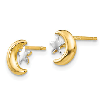 14k Polished & Rhodium Moon & Star Post Earrings - Birthstone Company