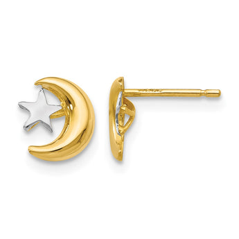 14k Polished & Rhodium Moon & Star Post Earrings - Birthstone Company