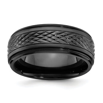 Black Zirconium Polished Ridged Edge 8mm Band - Birthstone Company