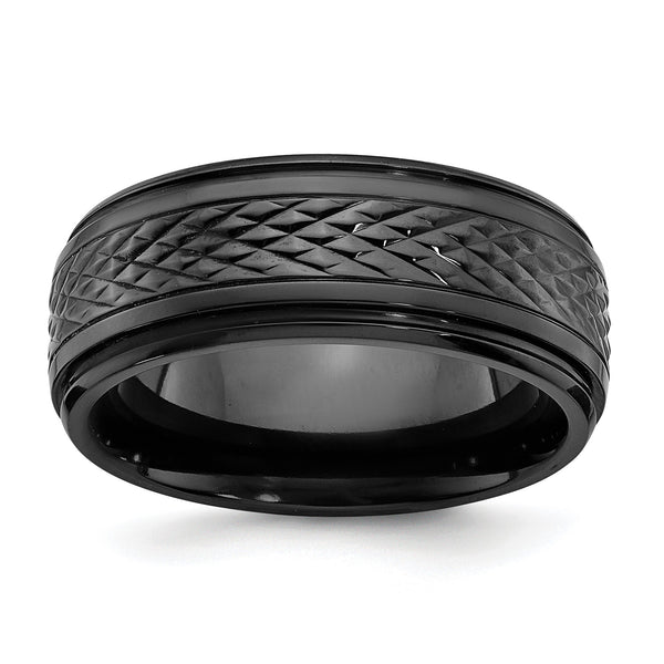 Black Zirconium Polished Ridged Edge 8mm Band - Birthstone Company