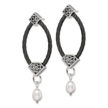 Black Titanium & Silver Dangle Earrings with Pearl Floral Accent