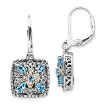 Sterling Silver 14K Gold Leverback Earrings with Antiqued Diamond and Blue Topaz