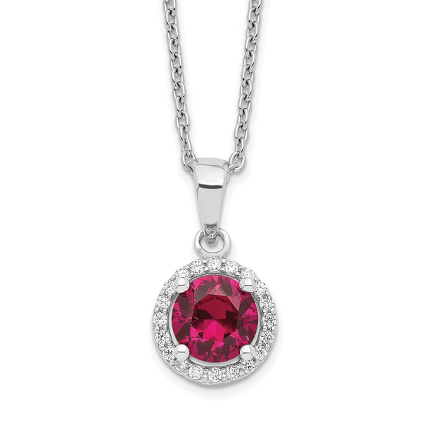 Red Corundum Cubic Zirconia Halo Necklace in Sterling Silver, 18 Inch