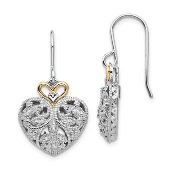Sterling Silver Vintage Heart Earrings with 14K Gold Accent